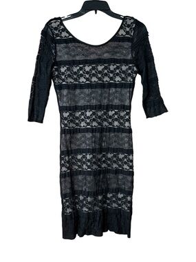 Black Lace Sheer Panel Dress 3/4 Sleeve Stretch Bodycon